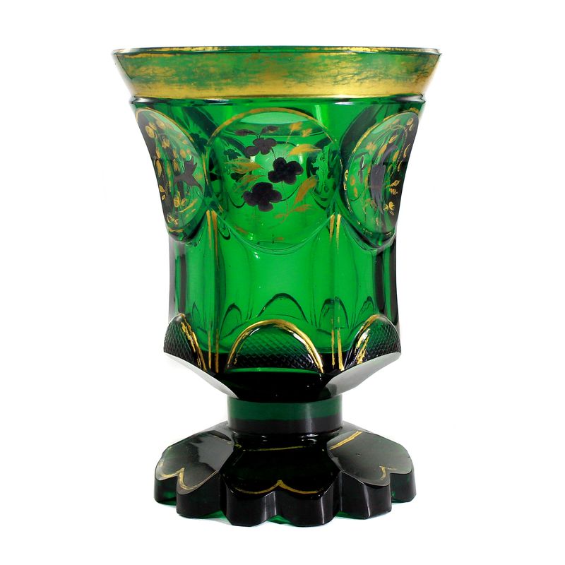 Green glass cup with silver &amp; gold painting, Russia or Bohemia around 1840