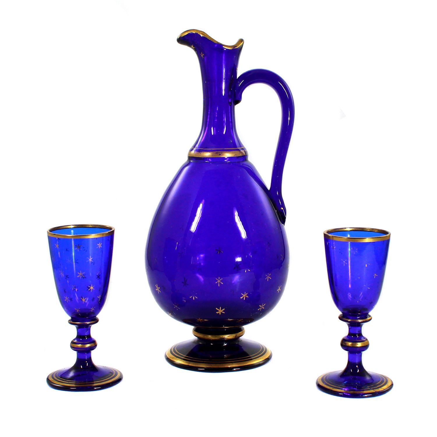 Jug and 2 liqueur glasses made of cobalt blue glass, Russia around 1830-40