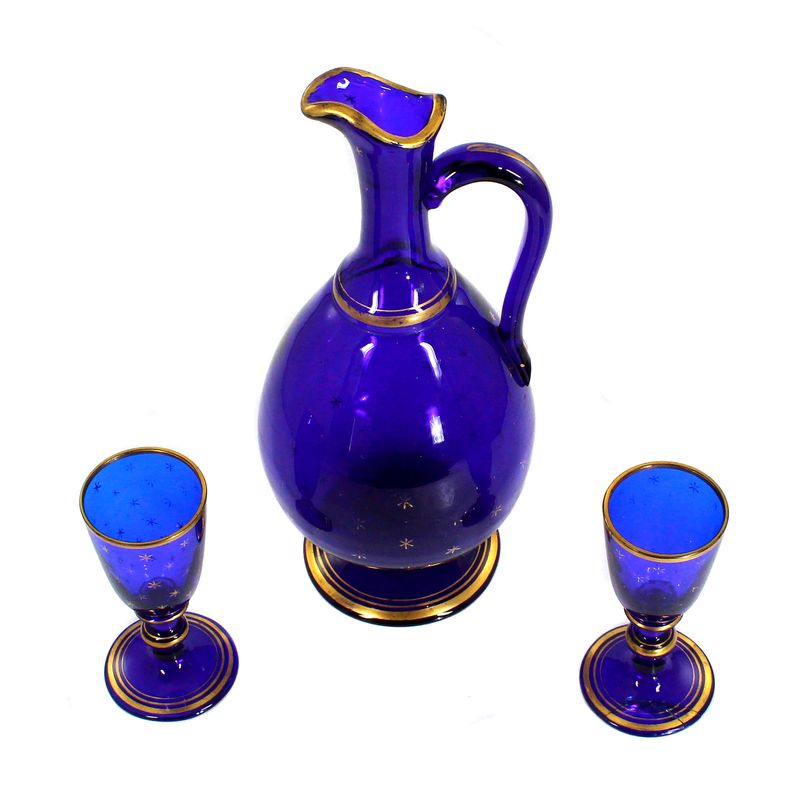 Jug and 2 liqueur glasses made of cobalt blue glass, Russia around 1830-40