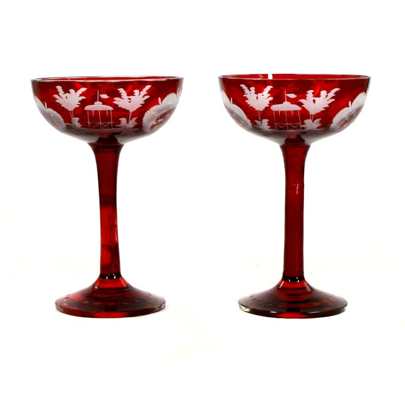 Pair of liqueur glasses with copper ruby ​​overlay and decorative cut decoration, Bohemia around 1920-30