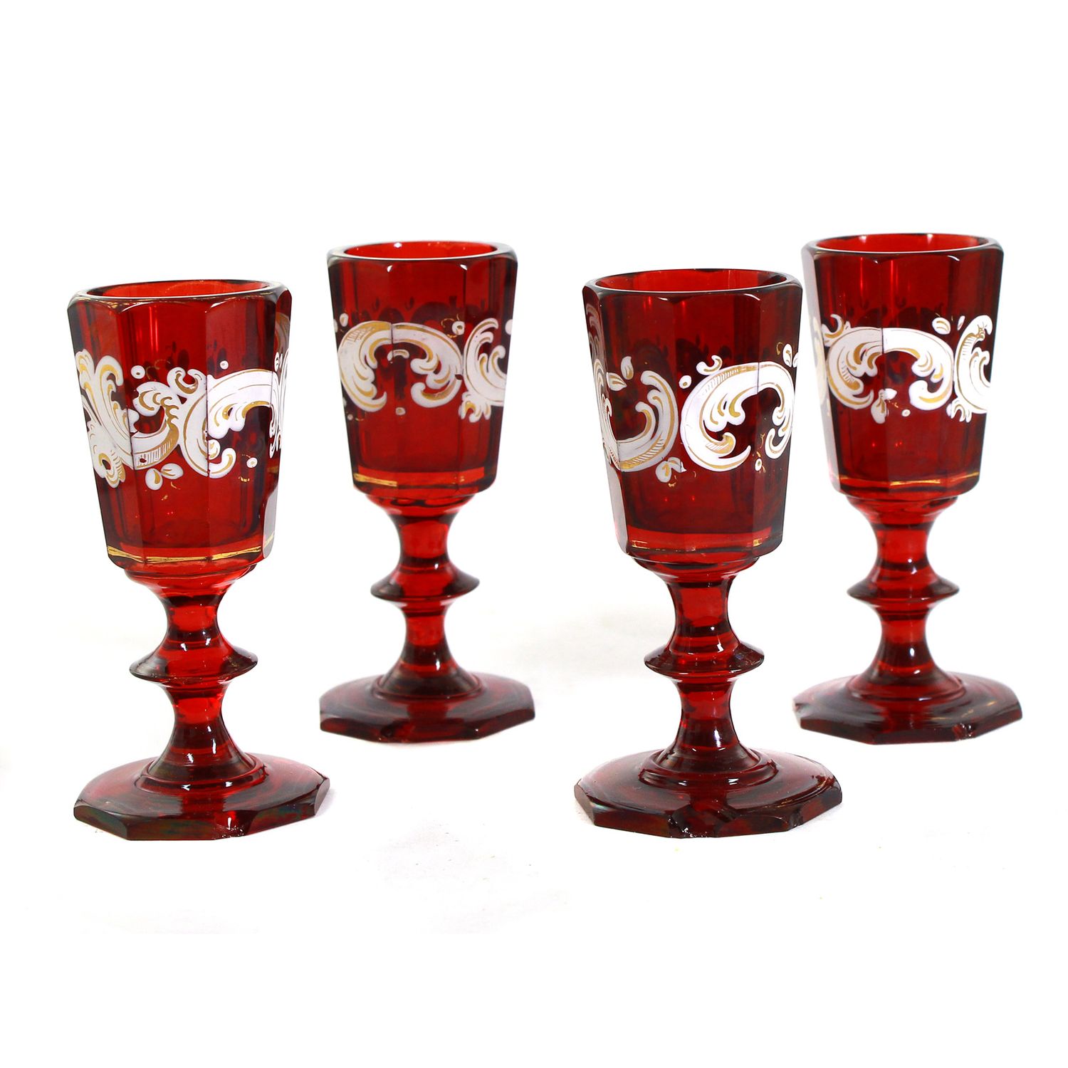 4 ruby ​​red shot glasses with enamel painting, Bohemia, mid-19th century.