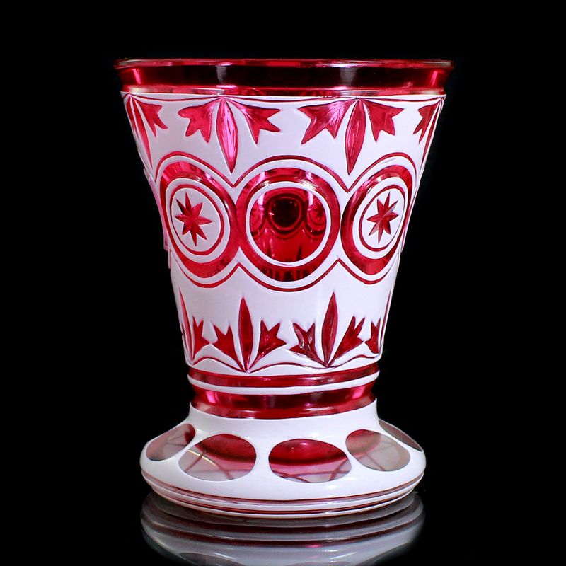 Footed cup with pink interior and tin enamel overlay, Russian around 1850