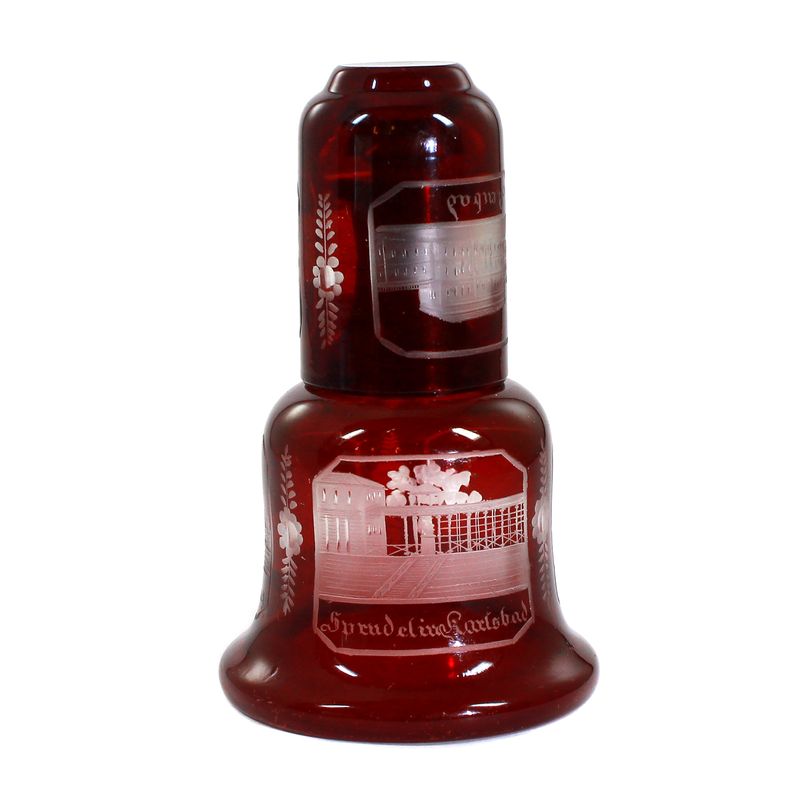 Rare small night bottle with cup and engraved views, 2nd half of the 19th century.
