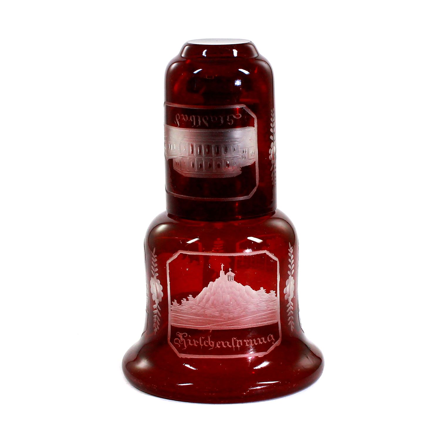 Rare small night bottle with cup and engraved views, 2nd half of the 19th century.