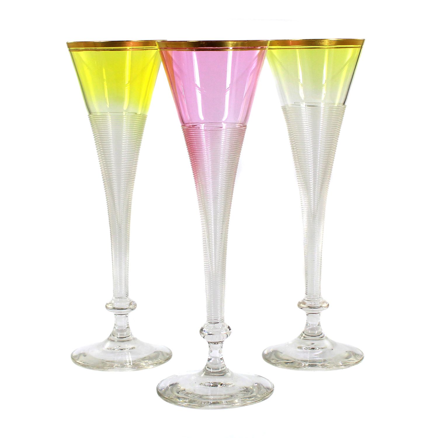 3 champagne flutes with spun thread and coloured glaze, Josephinenhütte around 1900