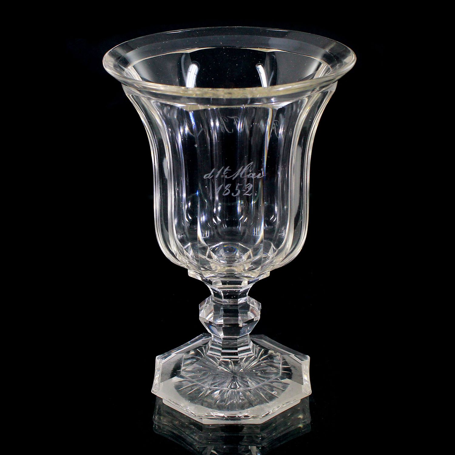 Bohemian goblet with faceted disc base and peeled body dated 1852