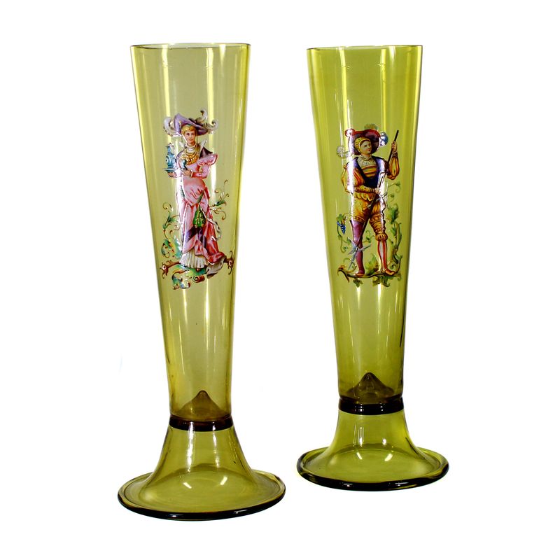 Pair of rod glasses made of antique green glass with enamel painting, Theresienthal around 1880
