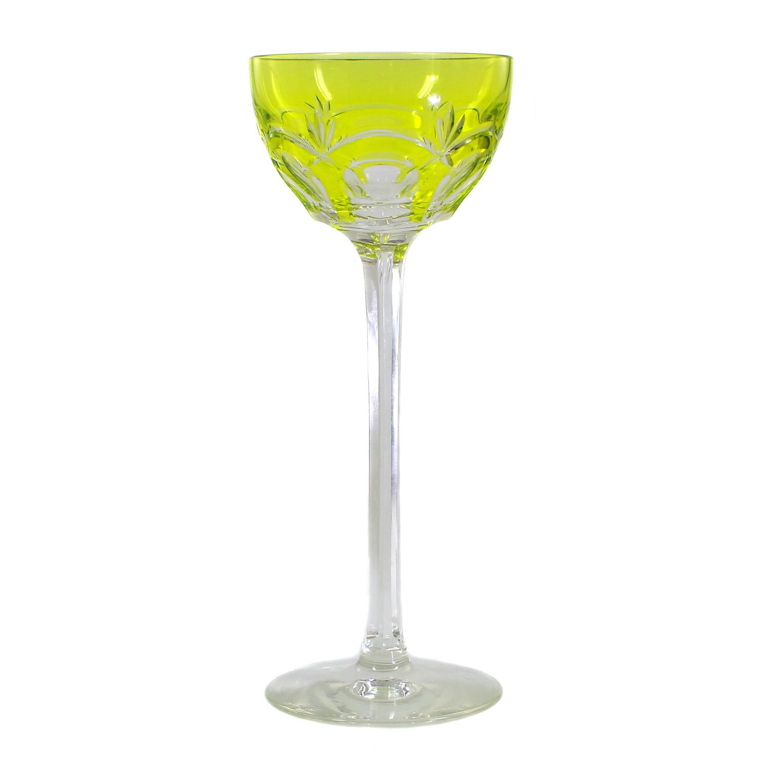 Stem glass with green-yellow overlay and decorative cut decoration, France or Bohemia around 1910