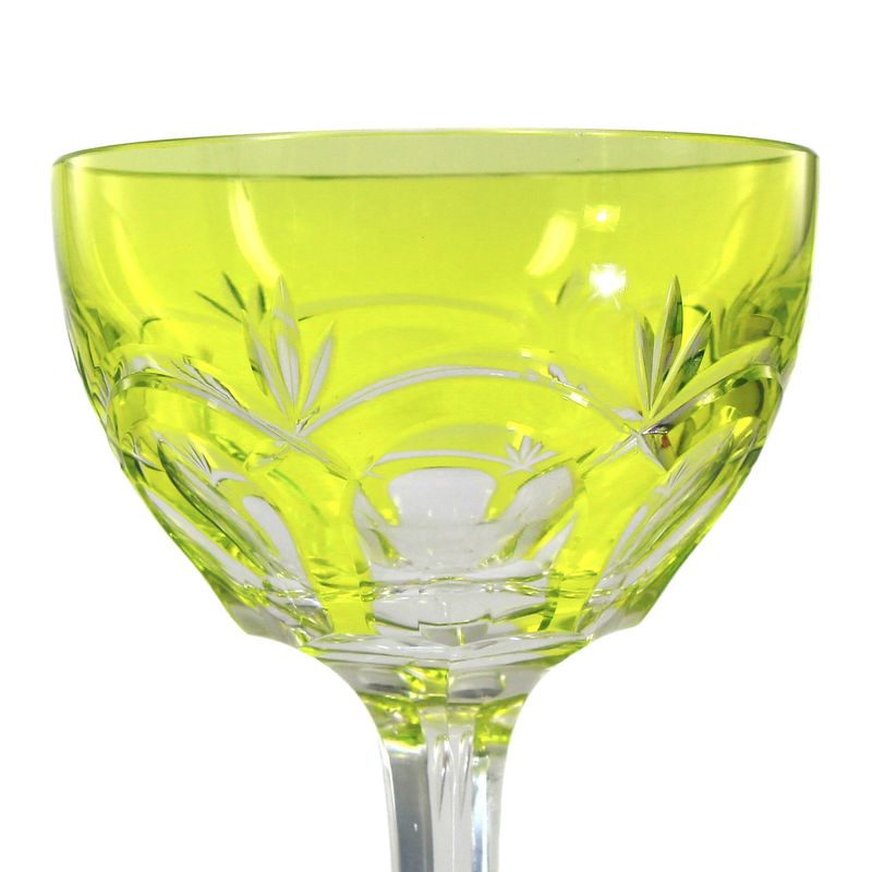 Stem glass with green-yellow overlay and decorative cut decoration, France or Bohemia around 1910