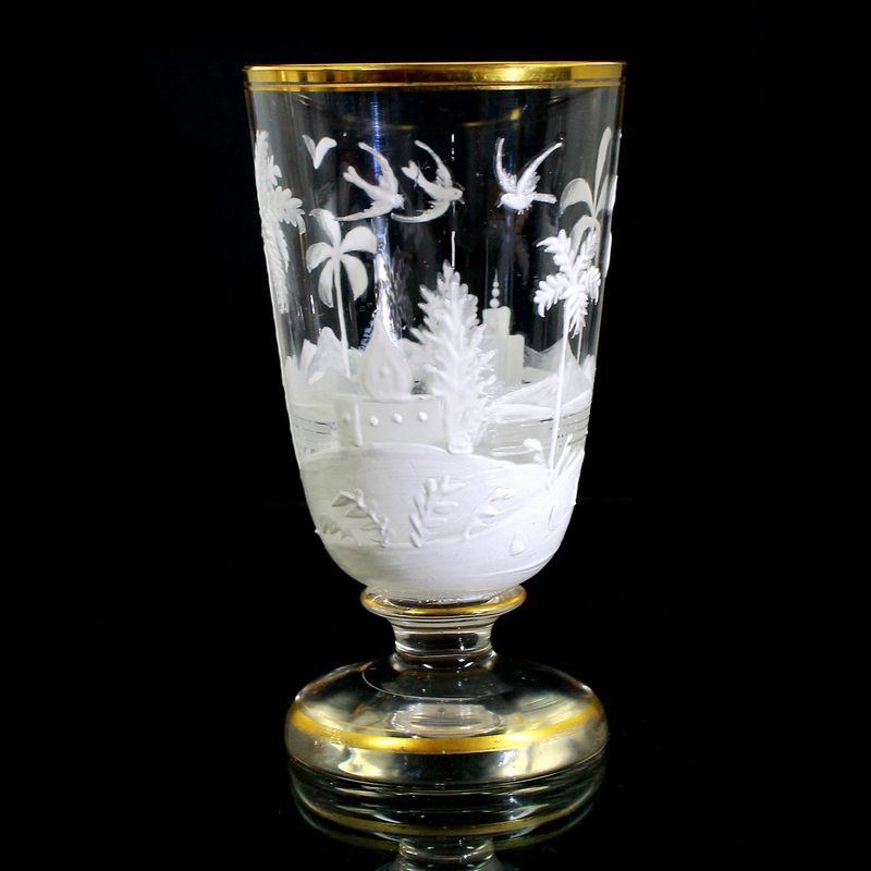 Footed cup made of crystal glass with white enamel painting, around 1870-80