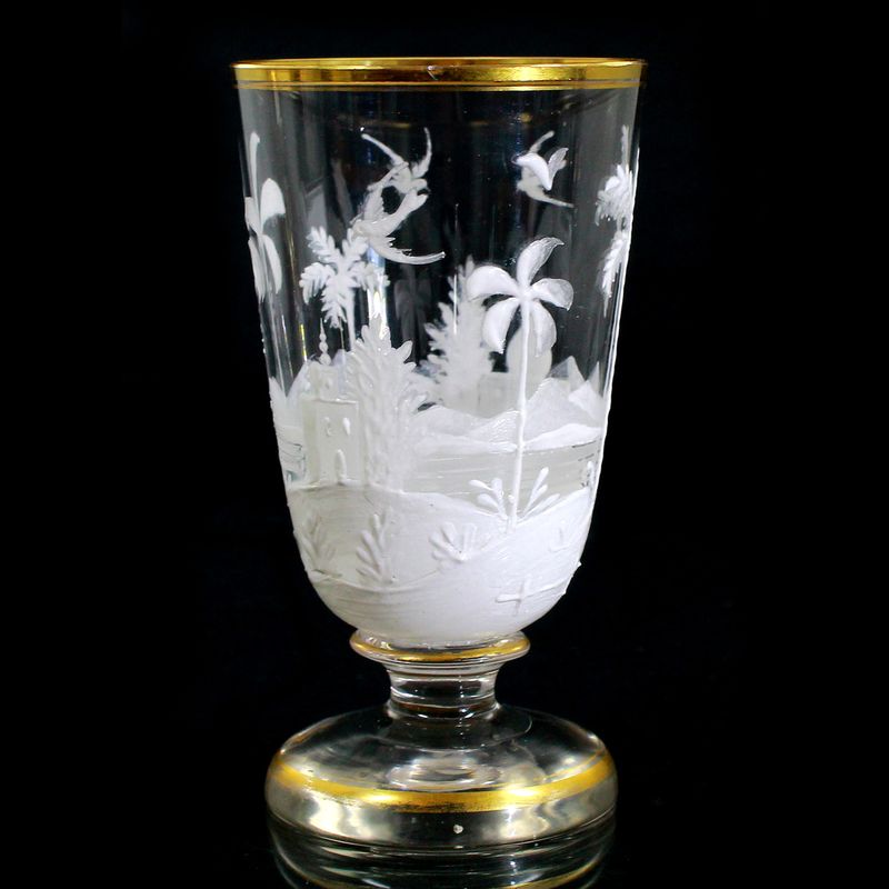Footed cup made of crystal glass with white enamel painting, around 1870-80