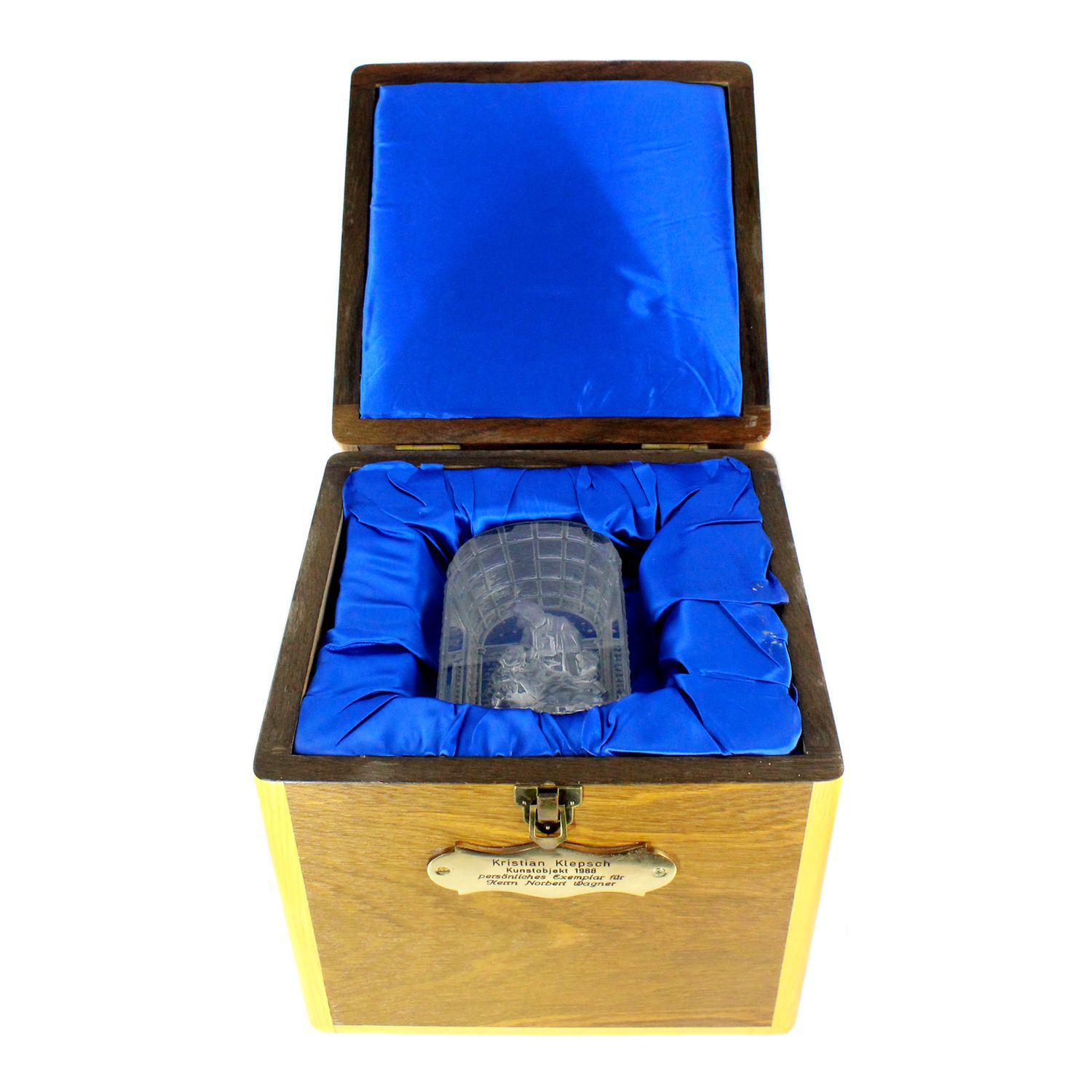 Glass sculpture with Holy Families in wooden box, signed Kristian Klepsch around 1988