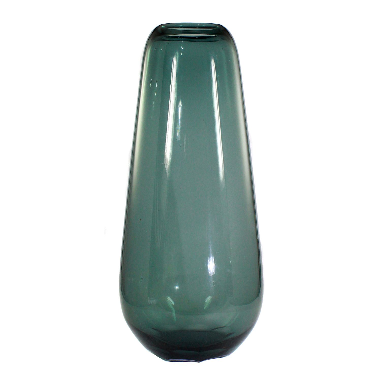 Tall vase made of tourmaline-colored glass with curved facets, WMF, Wilhelm Wagenfeld around 1950