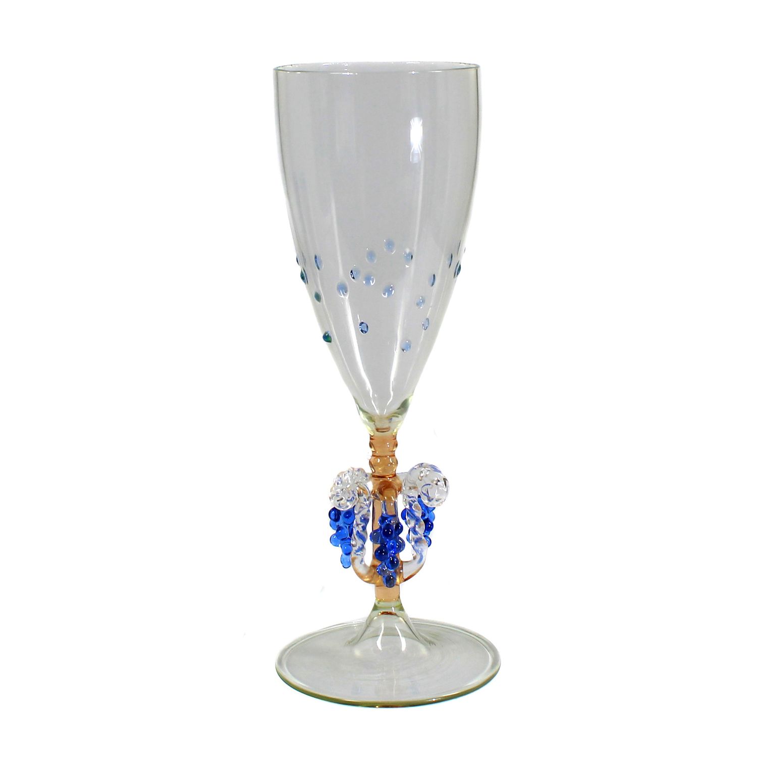 Champagne flute with plastic grapes and applied glass dots, Lauscha, 20s-30s