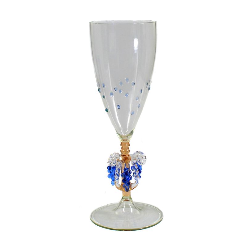 Champagne flute with plastic grapes and applied glass dots, Lauscha, 20s-30s