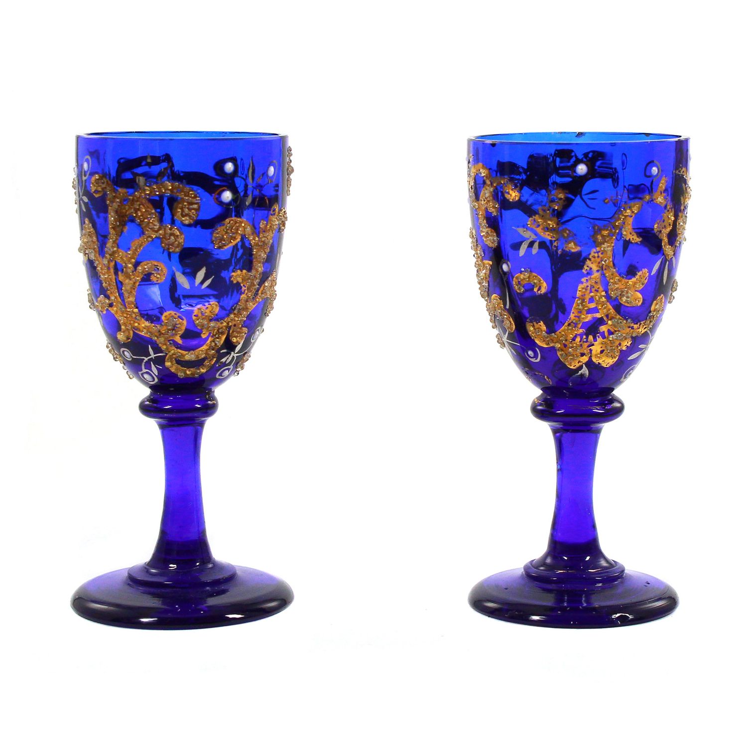 Pair of stemmed glasses made of cobalt blue glass with silver and gold painting, Russia