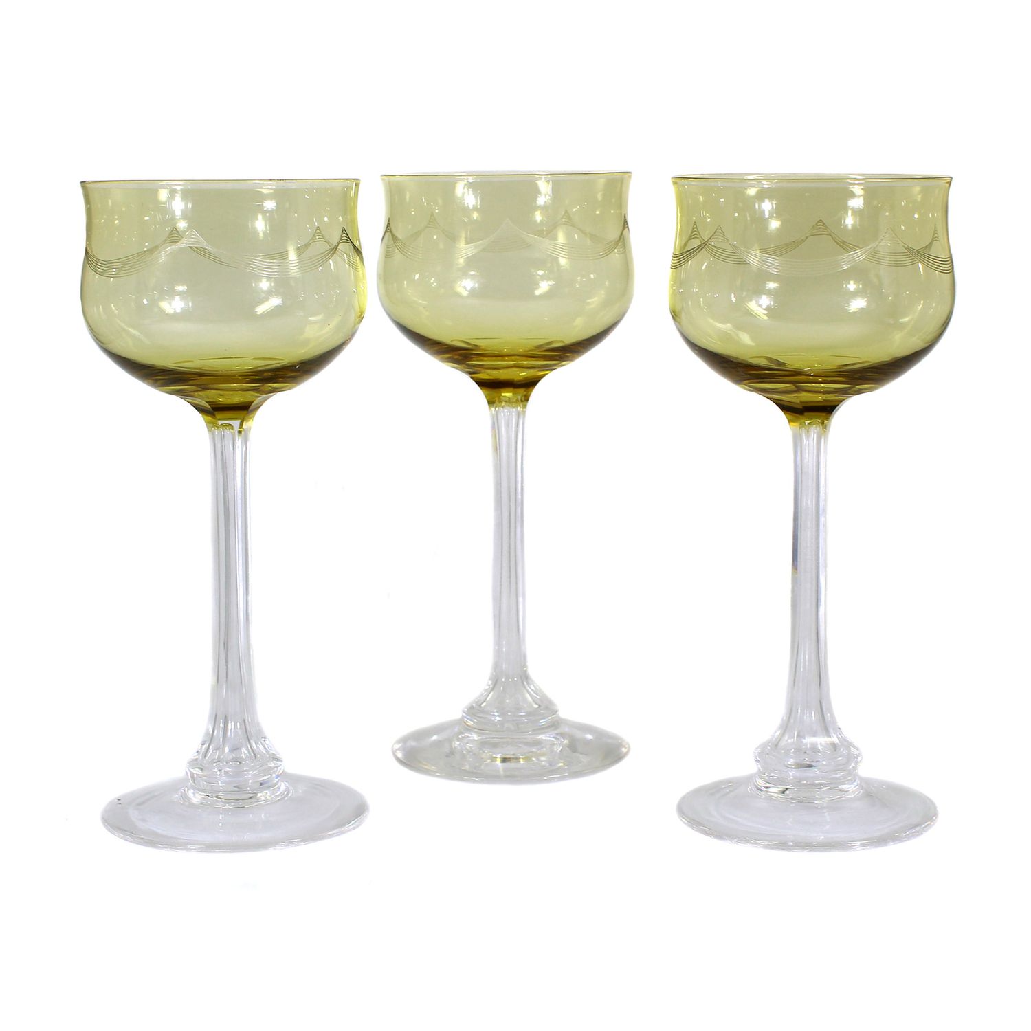 3 stemmed glasses with etched decoration, Villeroy &amp; Boch around 1910
