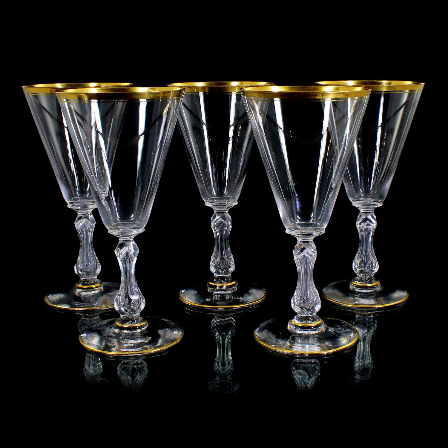5 large Burgundy glasses made of colorless crystal glass with gold rim, Saint Louis around 1900
