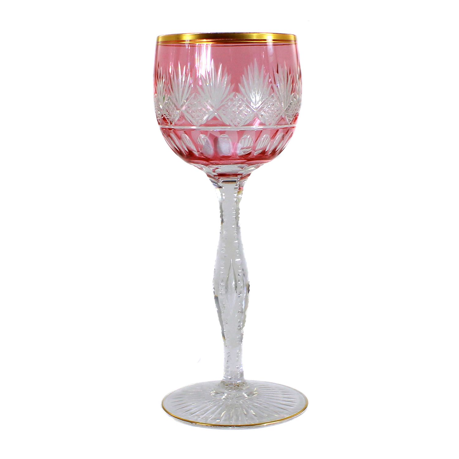Stem glass with salmon-colored overlay and polished gold rim, Saint Louis around 1905