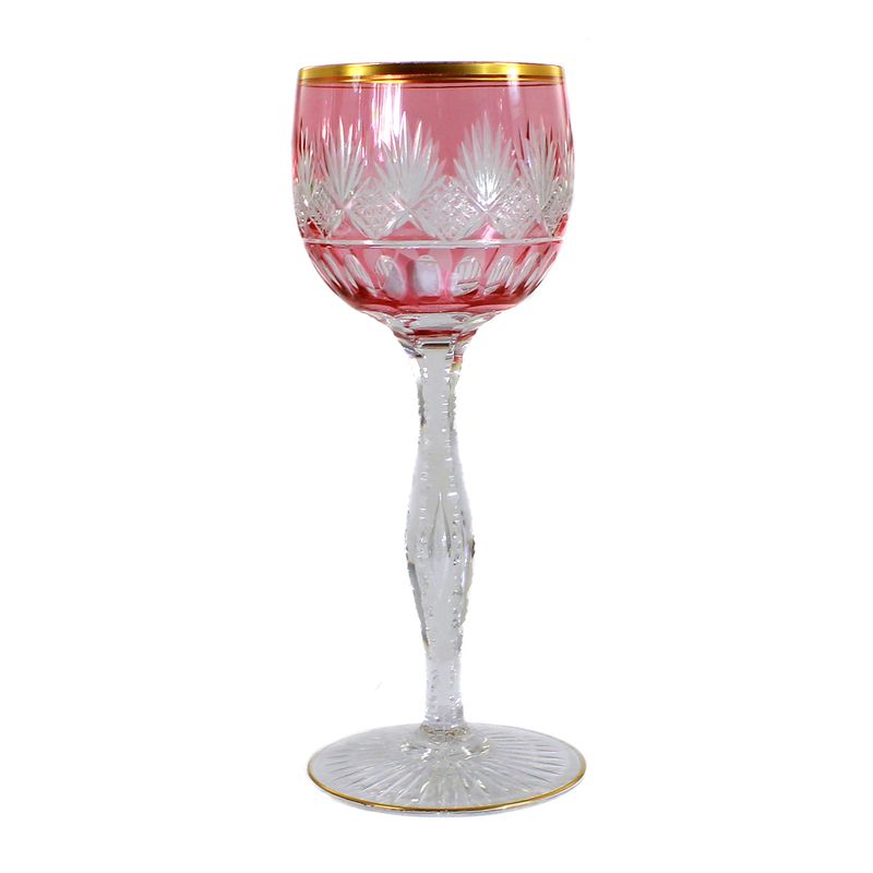 Stem glass with salmon-colored overlay and polished gold rim, Saint Louis around 1905