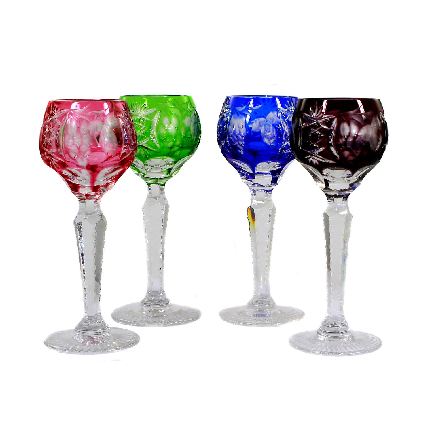 4 liqueur goblets with different colored overlay, Nachtmann, Traube series.