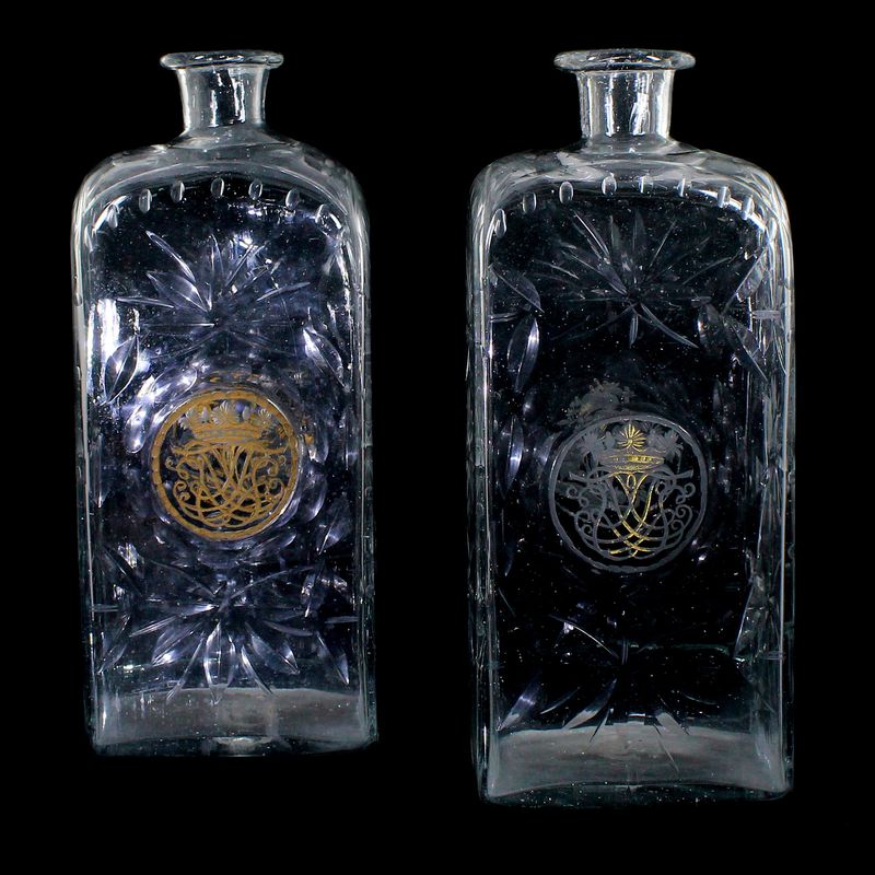 Pair of large square bottles with crowned monogram, Silesia, 1st half of the 18th century.