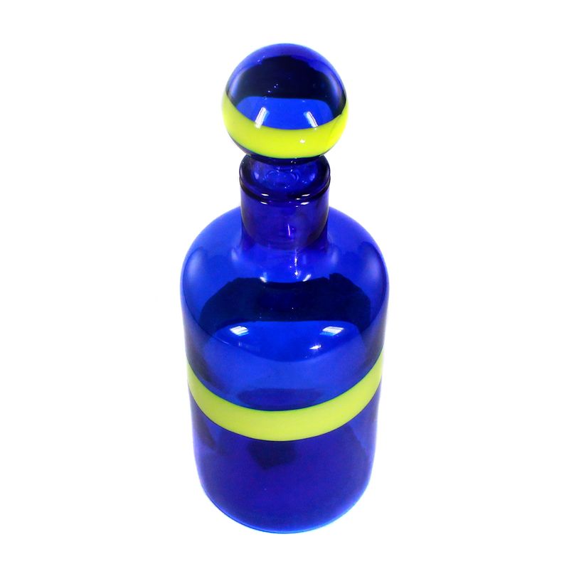 Bottle with stopper made of blue glass, signed Venini, design by Fulvio Bianconi