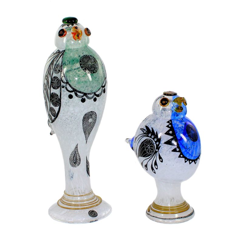 2 glass sculptures with fused glass and enamel painting, Milan Vobruba signed