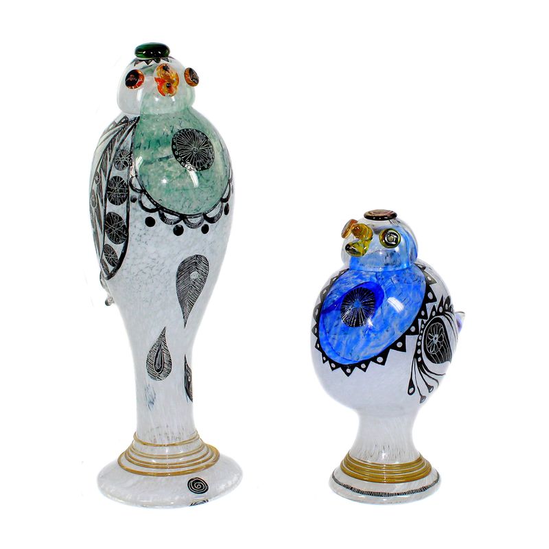 2 glass sculptures with fused glass and enamel painting, Milan Vobruba signed