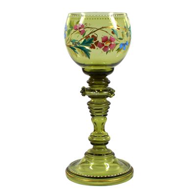 Weinrömer aus olivgrünem Glas mit Emailmalerei, Fritz Heckert, um 1885