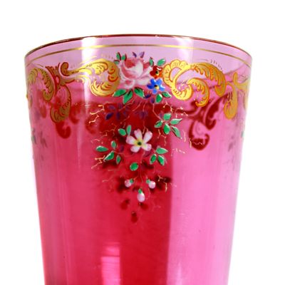 Sektbecher mit goldrubin Unterfang und Emailmalerei, Fritz Heckert, um 1880-1900