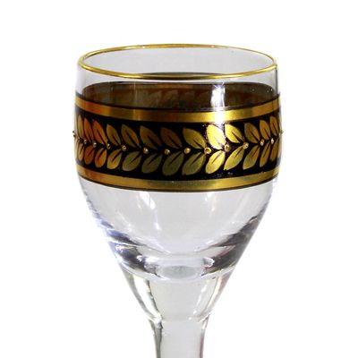 Likörglas mit umlaufendem Dekorband in Edelschwarz und Poliergoldmalerei
