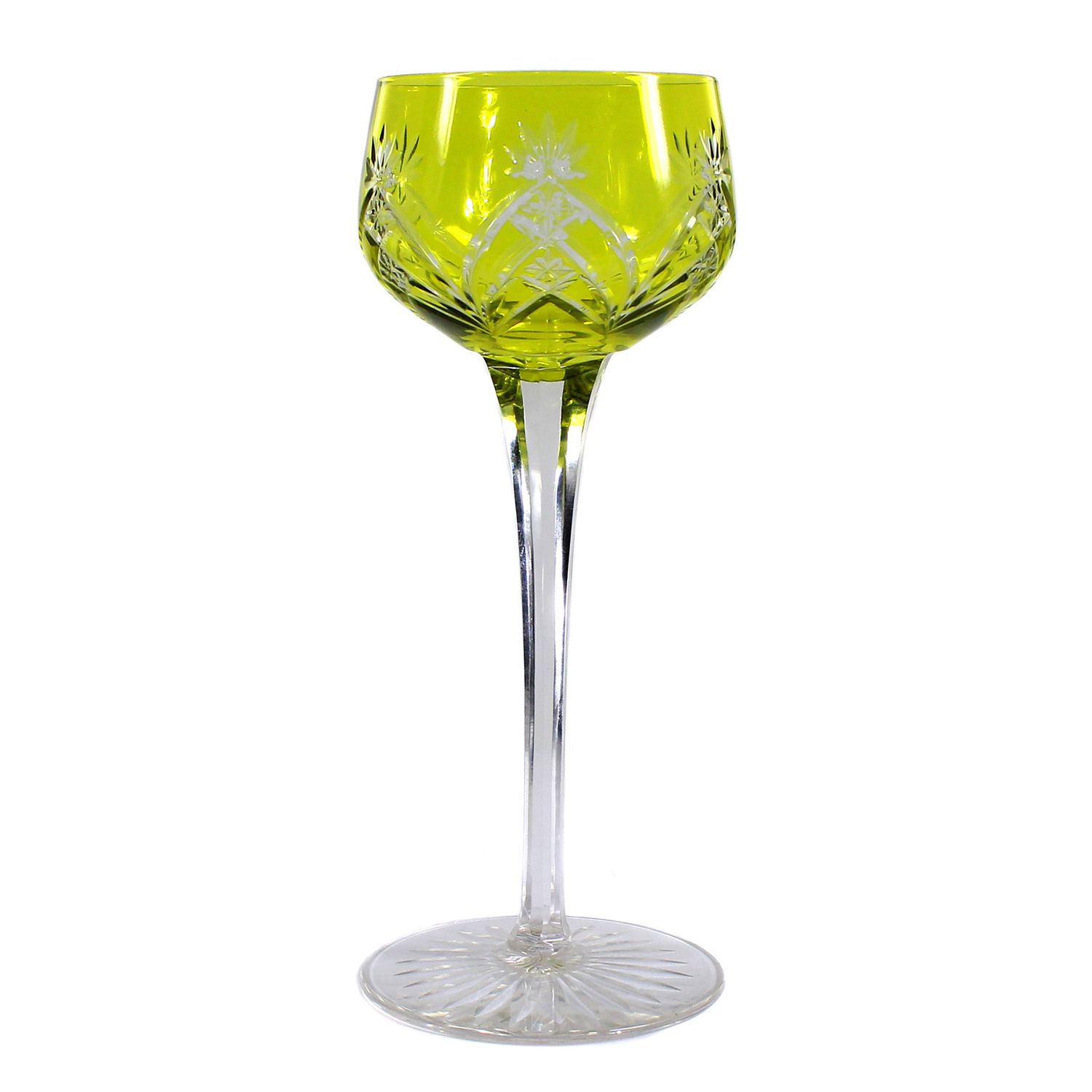 Stem glass with green-yellow overlay and decorative cut decoration, Baccarat around 1907