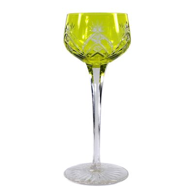 Stängelglas mit grüngelben Überfang und Zierschliffdekor, Baccarat um 1907