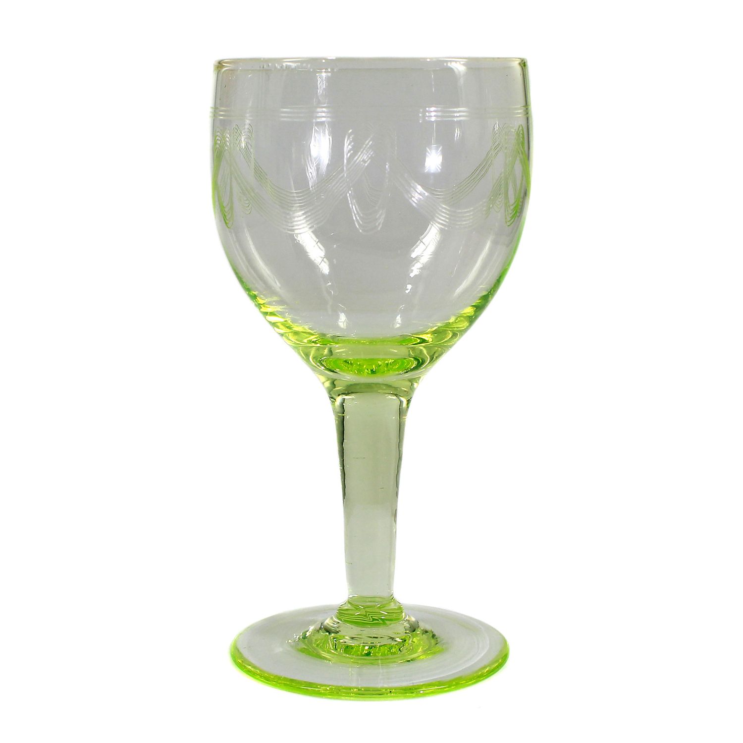 Stem glass made of uranium-containing glass with guilloche-cut scalloped border, around 1910