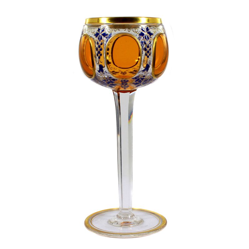 Stem glass with high-cut oval medallions and enamel painting, Bohemia