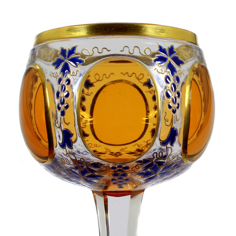 Stem glass with high-cut oval medallions and enamel painting, Bohemia