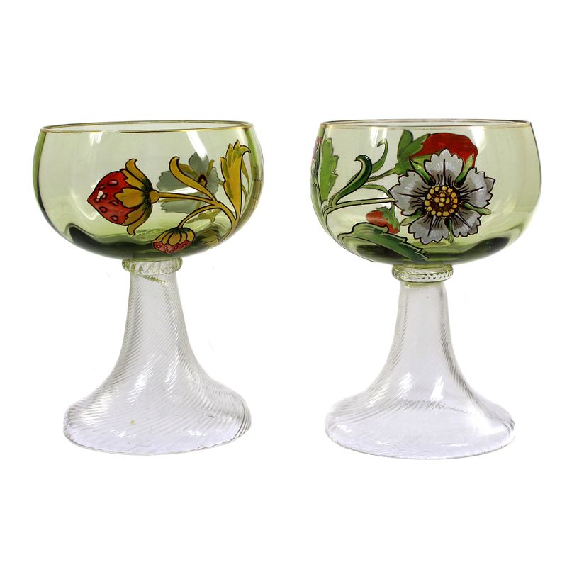Pair of champagne glasses with polychrome enamel painting, Bavarian Forest around 1900