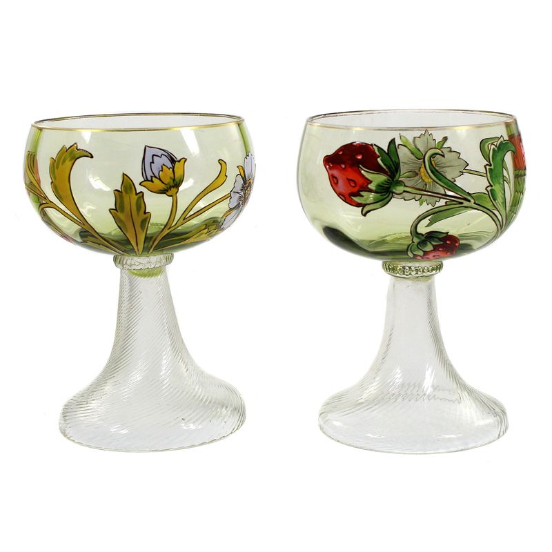 Pair of champagne glasses with polychrome enamel painting, Bavarian Forest around 1900