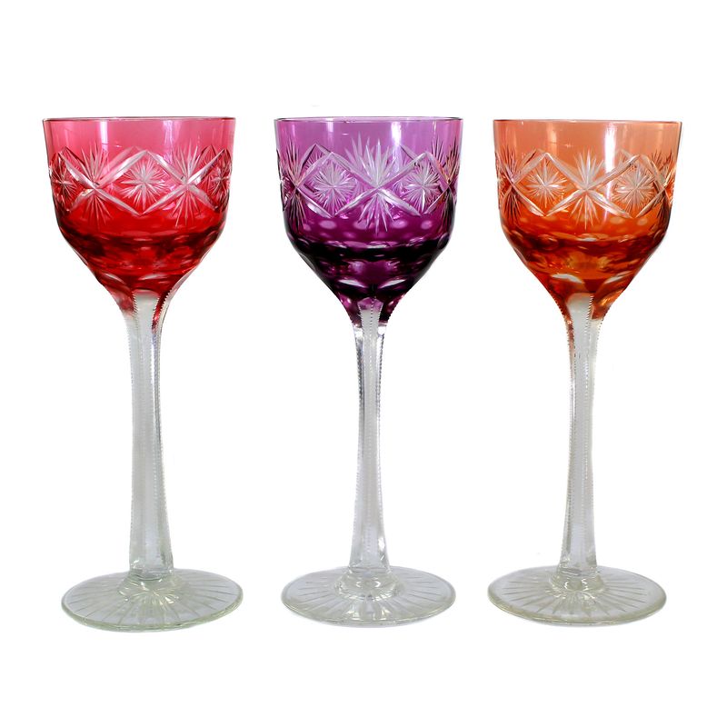 3 stemmed glasses with faceted stem &amp; different colored bowl, Poschinger