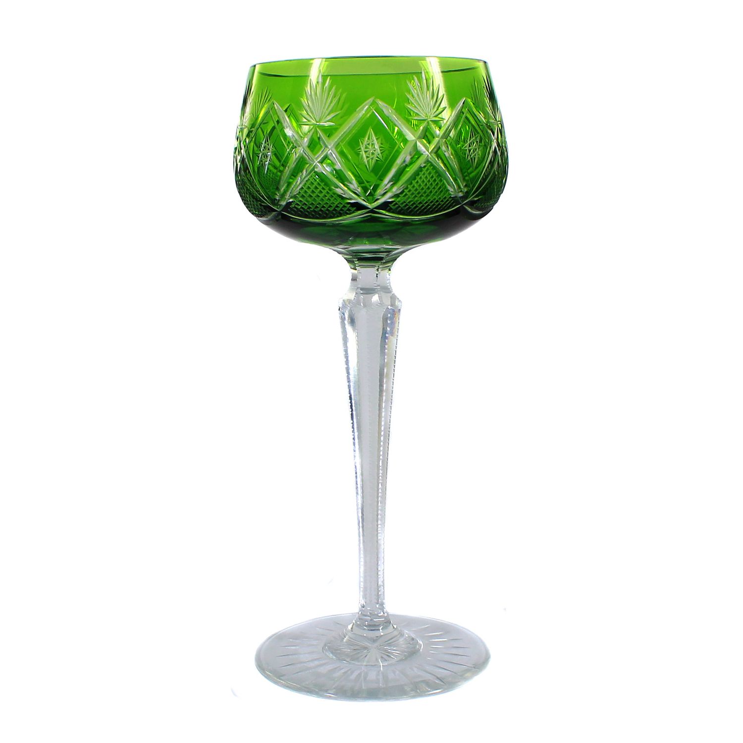 Stem glass with faceted shaft &amp; green overlaid bowl, Bavarian Forest