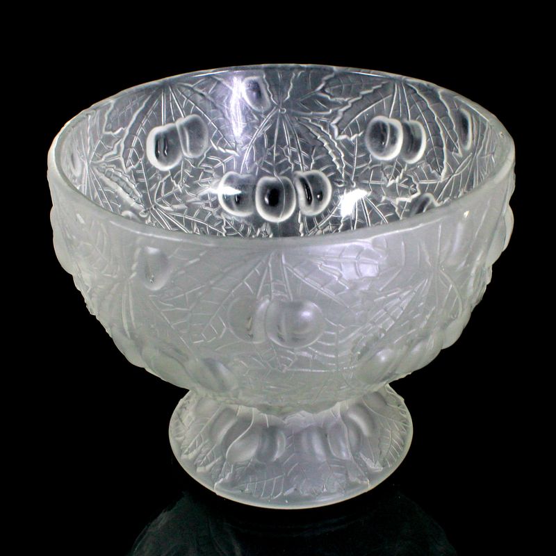Large Art Deco pressed glass bowl with cherry decoration, Josef Inwald, Barolac