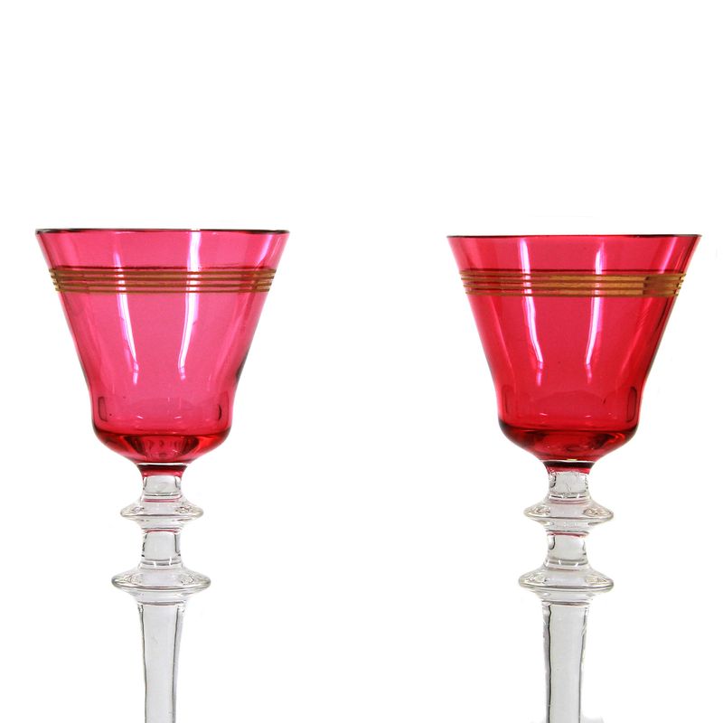 2 stem glasses/ liqueur glasses with gold ruby ​​overlay and gold line decoration, Bohemia around 1910