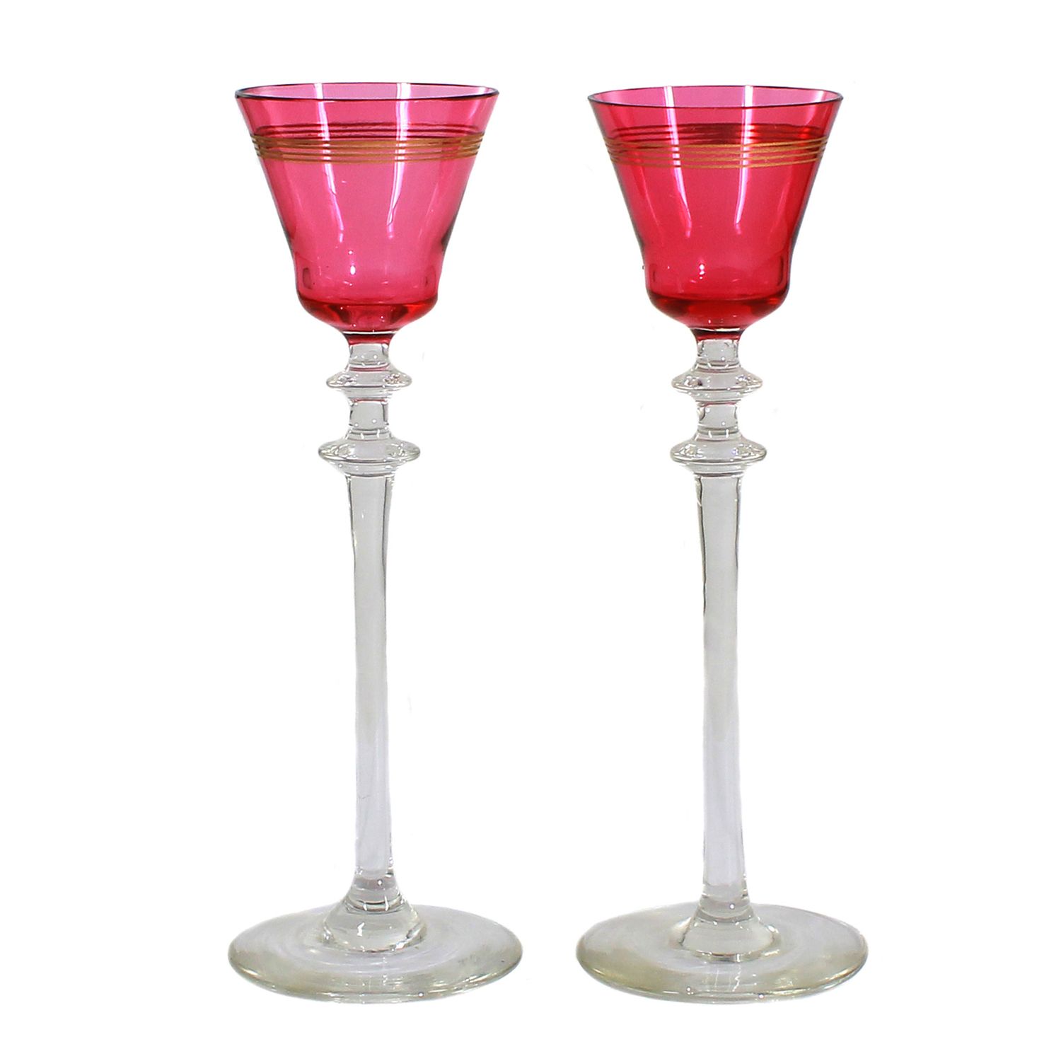 2 stem glasses/ liqueur glasses with gold ruby ​​overlay and gold line decoration, Bohemia around 1910