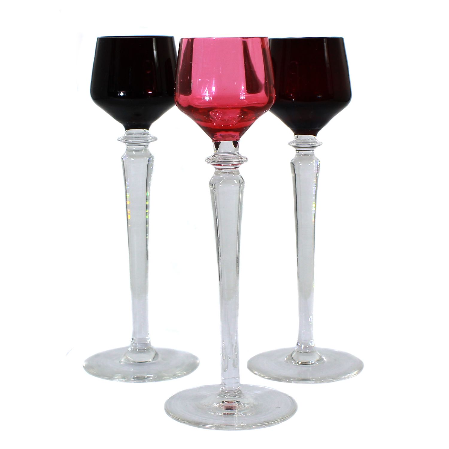 3 stem glasses/ liqueur glasses with gold ruby ​​&amp; copper ruby ​​overlay, Bohemia around 1910