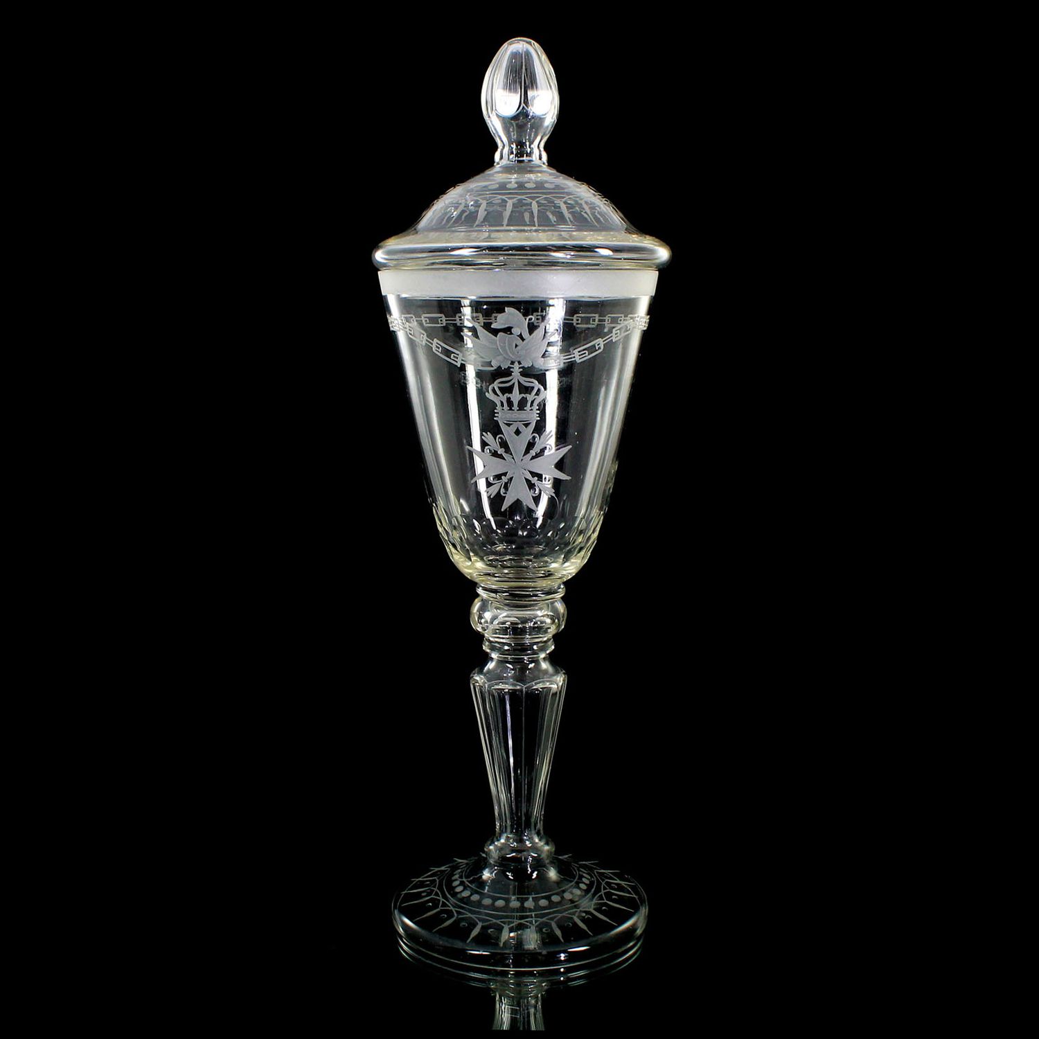 Large lidded goblet with a crowned Maltese cross and standards from around 1880