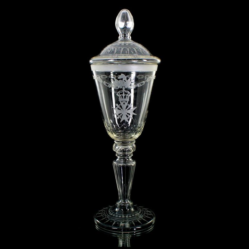 Large lidded goblet with a crowned Maltese cross and standards from around 1880