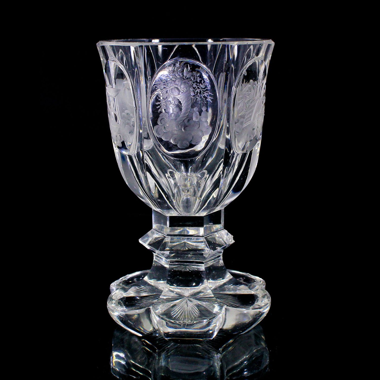 Footed cup made of colorless lead crystal glass with high-quality cut allegories