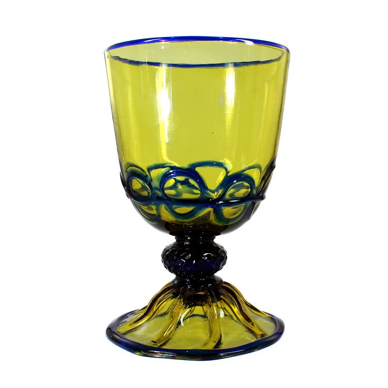Goblet glass vase made of olive green, solid crystal glass with blue ring ornaments.