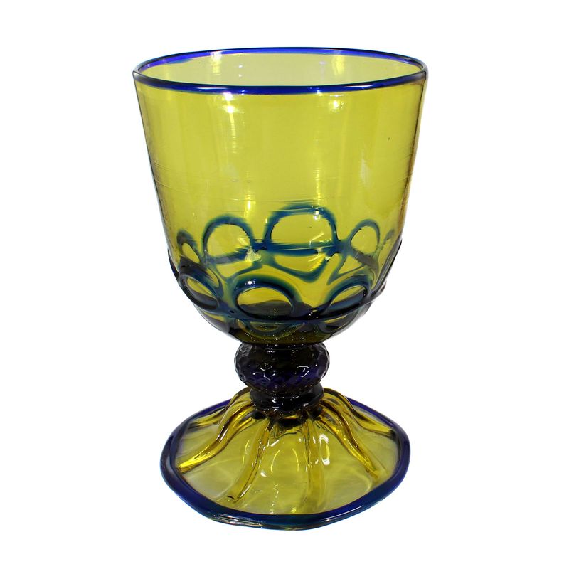 Goblet glass vase made of olive green, solid crystal glass with blue ring ornaments.